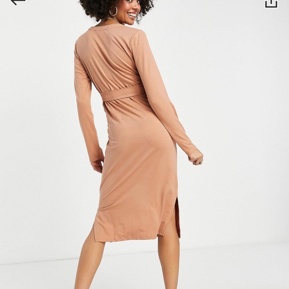 NWT! women's Threadbare Maternity tie belt long sleeve midi dress taupe 10 baby - Picture 2 of 6